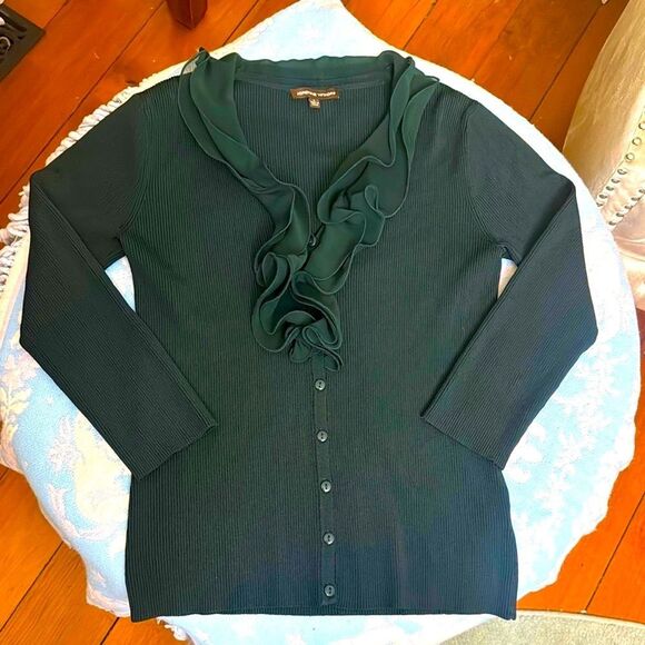 *Adrienne Vittidini* LN! Sz L Deep Green Ribbed Ruffled Cardigan - Picture 1 of 7